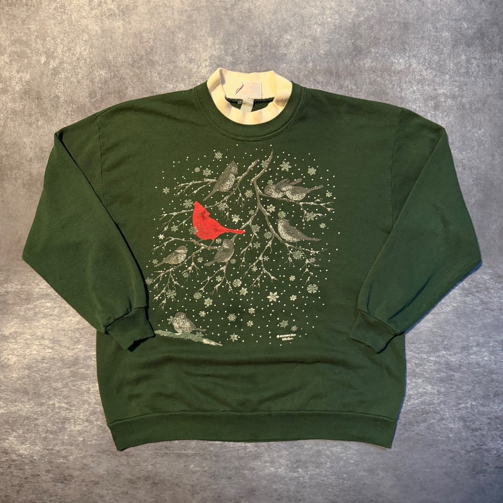 Vintage Morning Sun Green Cardinal Winter Bird Mock Neck Sweatshirt Womens‎ XL
